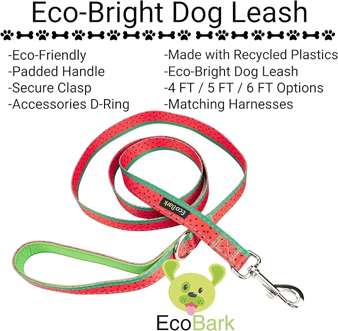 EcoBark Dog Leash - Soft & Reflective Comfort Leash with Padded Handle - Safe, Strong, & Durable for Small, Medium or Large Dogs (Watermelon)