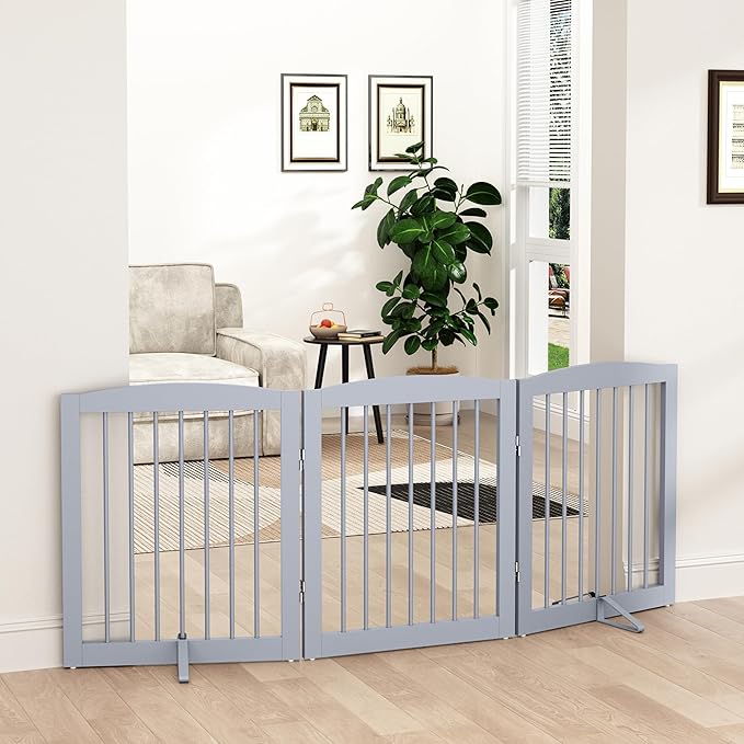 PUPETPO Freestanding Pet Gate for Dogs, Foldable Wooden Dog Gate for House, Indoor Dog Gate for Doorways, Stairs, Gates for Dogs Indoor, Support Feet Included, 24" Height 3 Panels, Grey
