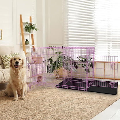 Dog Crate, 24/30/36/42/48 Inch Dog Crates for Small Medium Large Dogs Indoor, Folding Metal Dog Kennel Dog Cage with Double-Door, Divider Panel, Removable Tray, Locks and Handle, (48 Inch, Pink)