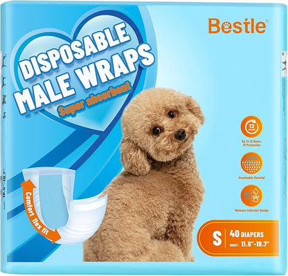Bestle Male Dog Wrap, Disposable Dog Diapers, 40 Count, S (Waist 16.5”-19.7”), Wetness Indicator, Ultra Protection, Leak Proof, Super Absorbent, Soft