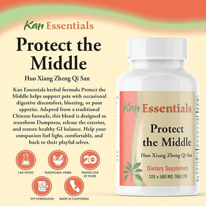 Kan Herb Company Protect The Middle – Traditional Chinese Herbal Blend for Dogs and Cats to Support Digestion, Appetite, and Gut Comfort, Herbal Supplement for Pets, 120 Tablets