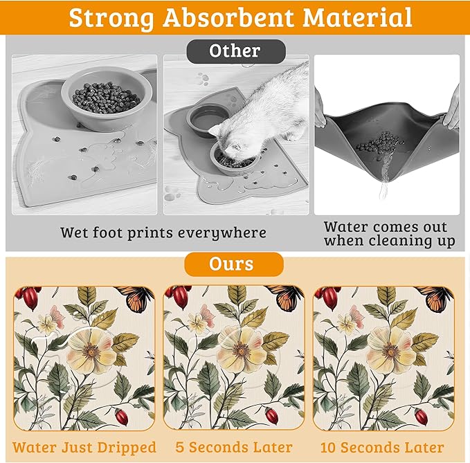 Butterfly Flower Dog Food Mat,Vintage Berry Absorbent Pet Feeding Mat for Food and Water Bowl,Quick Dry Dog Placemat Non Slip Rubber Backing Waterproof Pet Supplies 16" x 24"