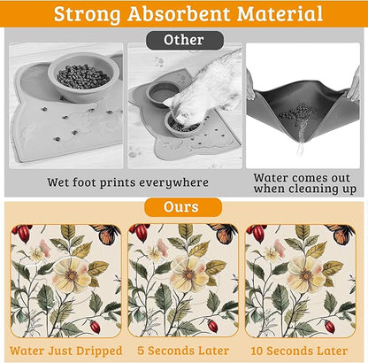 Butterfly Flower Dog Food Mat,Vintage Berry Absorbent Pet Feeding Mat for Food and Water Bowl,Quick Dry Dog Placemat Non Slip Rubber Backing Waterproof Pet Supplies 16" x 24"
