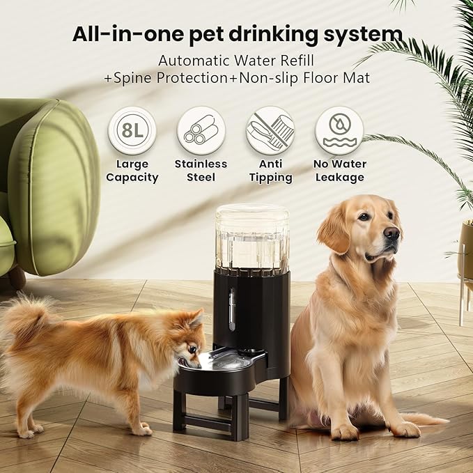 CZPET Elevated Dog Water Bowl Dispenser for Large Dogs,8L Tall Raised Pet Waterer Stand,Relieve Neck Pressure,Large Capacity and Drinking Area Noise-Free for Pets (8L+Stand,Black)