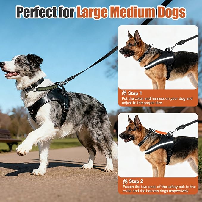 Dog Collar Safety Clip with Dual Clasps,Handmade Backup Safety Strap for Dog Harness, Collars and No Pull Harness Connectors (Black & Army Green)