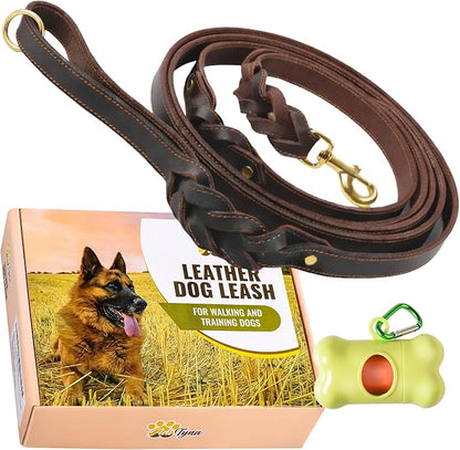 ADITYNA - Double Handle Leather Dog Leash 6ft - Heavy Duty Braided Dog Leash with Traffic Handle for Mastiff, Saint-Bernard, Rottweiler - Lead for Extra-Large Breeds (Brown, Two Handles 6 Foot x 1")