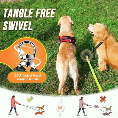 AUTOWT Double Dog Leash, No Tangle 360°Swivel Rotation Reflective Lead Attachment Adjustable Length Dual Two Dogs Lead Splitter, Comfortable Shock Absorbing Walking Training for 2 Dogs