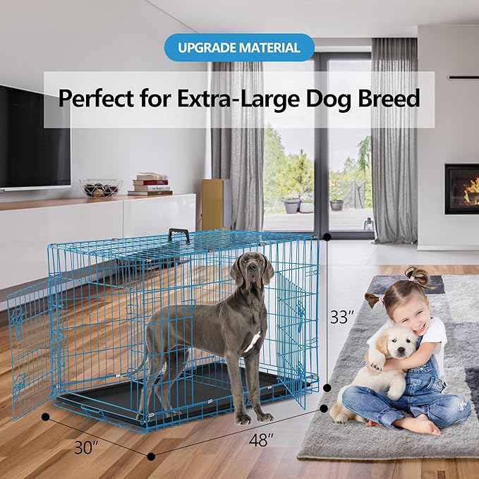 Dog Crate, 24/30/36/42/48 Inch Dog Crates for Small Medium Large Dogs Indoor, Folding Metal Dog Kennel Dog Cage with Double-Door, Divider Panel, Removable Tray, Locks and Handle, (48 Inch, Blue)