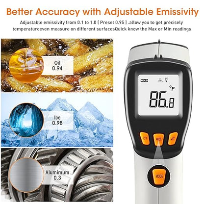 Infrared Thermometer, Laser Temperature Gun for Cooking, Non Contact Temp Gauge, Adjustable Emissivity IR Thermometer Heat Temperature Reader Gun -58 to 788℉, -50 to 420℃(Not for Human)