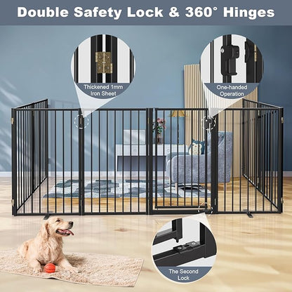 Metal Freestanding Dog Gates with Door for Outdoor Indoor,160'' Extra Wide 32'' Tall Free Standing Dog Gate for Doorways,Large Openings,Deck,Yard,Porch,Foldable Pet Fence(Black,8 Panels)