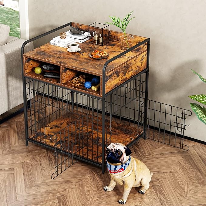 Small Dog Crate Furniture, Puppy Dog Kennel Indoor, Wood Dog Cage Table with Drawers Storage, Heavy Duty Dog Crate, Jaula para Perros, Sturdy Metal, 27.6" L×20.5" W×31.9" H