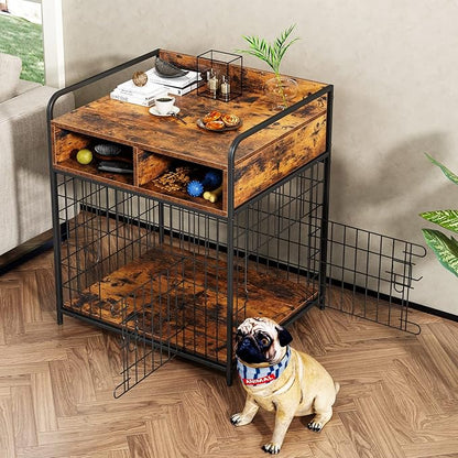 Small Dog Crate Furniture, Puppy Dog Kennel Indoor, Wood Dog Cage Table with Drawers Storage, Heavy Duty Dog Crate, Jaula para Perros, Sturdy Metal, 27.6" L×20.5" W×31.9" H