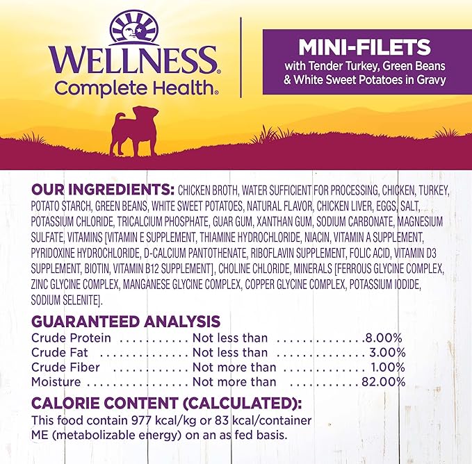 Wellness Petite Entrees Mini Filets Small Breed Adult Wet Dog Food, Grain Free, Natural, Tender Turkey, Green Beans, and White Sweet Potato, 3 oz, Pack of 12 Cups