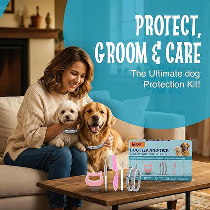 Dog Flea and Tick Collar 8-Month Protection All Natural Flea Collar for Dogs & Puppies with Flea Comb, Shell Comb, Tick Tweezers & Tick Removal Tool | 5-in-1 Dog Flea Collar & Protection Kit