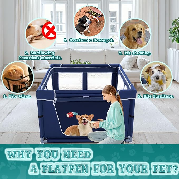 XVISHX 42x42 Inches Puppy Playpen with Gate, Dog Playpen for Puppies or Small Dogs, DogFence Pet Playpen for Indoor & Outdoor, Sturdy Safety DogPen with Thickened Fabric, High-Strength Nylon Wire Mesh