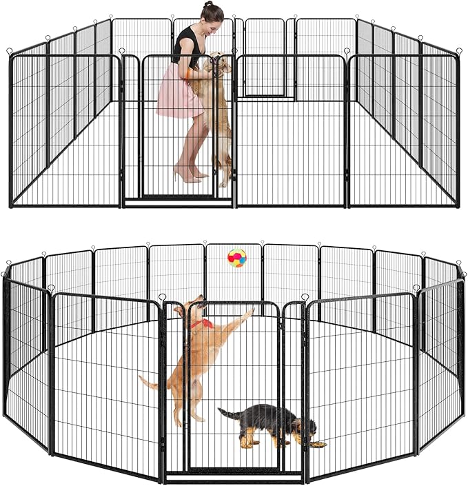 Kfvigoho Dog Playpen Outdoor Extra Wide 16 Piece Panels Heavy Duty Dog Fence 47" Height Anti-Rust with Doors Portable for RV Camping Yard, Total 42FT, 140 Sq.ft, Snowy Black