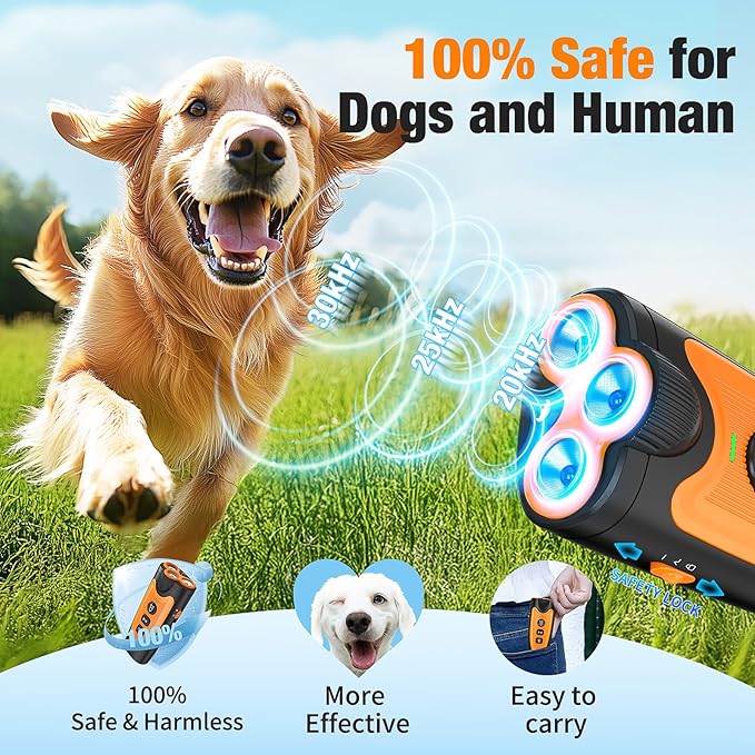 Dog Bark Deterrent Devices, 3X Ultrasonic Anti Barking Device for Dogs, 50 FT Range Stop Neighbors Dog Barks, Portable Dog Training Tool with Flashlight, Safe & Humane for Indoor Outdoor Use, Orange