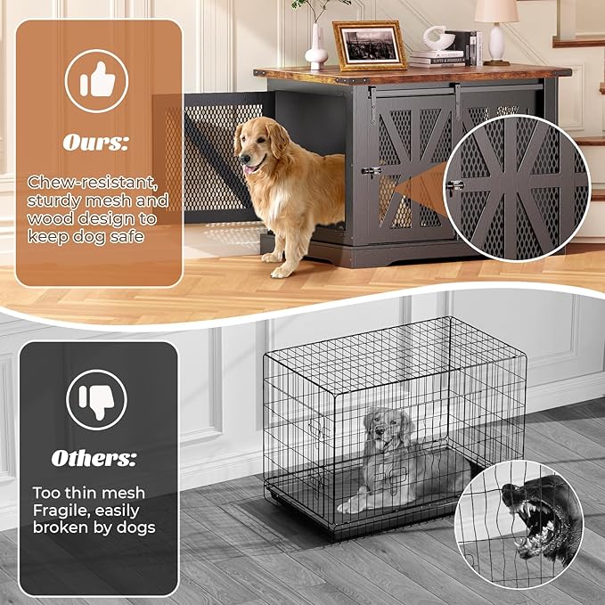 VOPEAK 40" Farmhouse Dog Crate Furniture, Heavy Duty Dog Cage for Medium Large Dogs, Wood Dog Crate Dog Kennel Indoor with Double Doors, Chew Resistant End Table for Bedroom Living Room, Black
