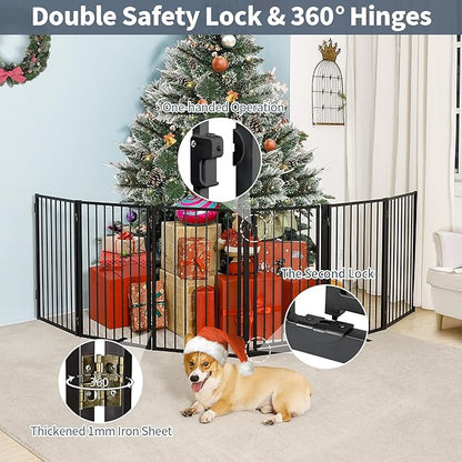 Metal Freestanding Dog Gates with Door for Outdoor Indoor,120'' Extra Wide 32'' Tall Free Standing Dog Gate for Doorways,Large Openings,Deck,Yard,Porch,Foldable Pet Fence(Black,6 Panels)