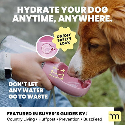 MalsiPree On the Go Dog Water Bottle Dispenser - 12 oz Pink - Leak-Proof Lock & One-Hand Operation - Dog Water Bowl - Pet Travel Bottle with Built-in Bowl, Travel Ready BPA-Free Pet Supplies