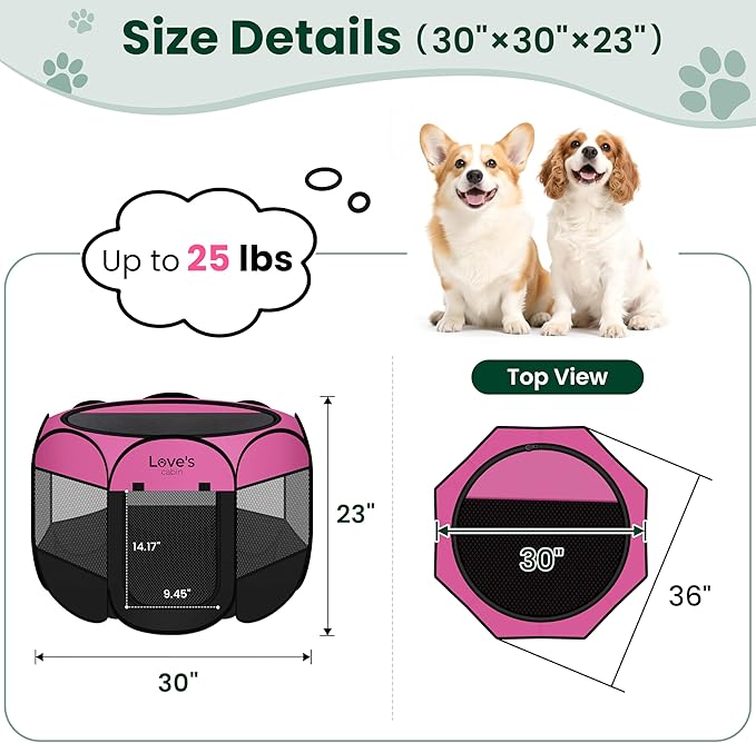 Love's cabin Pet Puppy Dog Playpen, Medium Dog Tent Crates Cage Indoor/Outdoor, Portable Playpen for Cat, Foldable Pop Up Dog Kennel Playpen with Carring Case, Removable Zipper Top, Pink