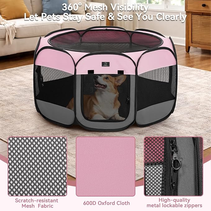 Dog Playpen for Small Dogs & Puppies, 50.39" Portable Indoor Outdoor Puppy Playpen with Bowl, Waterproof Floor, Foldable Pop-Up Pet Pen for Home, Travel & Daily Use, Pink+Grey