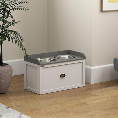 PawHut Large Elevated Dog Bowls with Storage Drawer Containing 21L Capacity, Raised Pet Feeding Station 2 Stainless Steel Grey,White