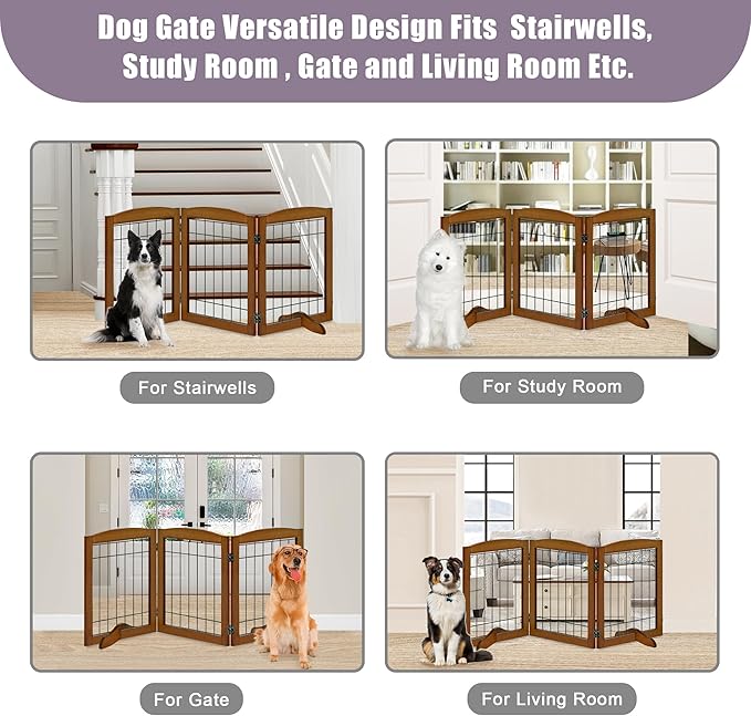 LZRS 3-Panel Freestanding Adjustable Wooden Dog Gate—30" Tall Foldable Pet Barrier with Support Feet, Chew-Resistant Solid Hardwood & Steel Wire Safety Fence for Doorways, Hallways, and Stairs, Cherry