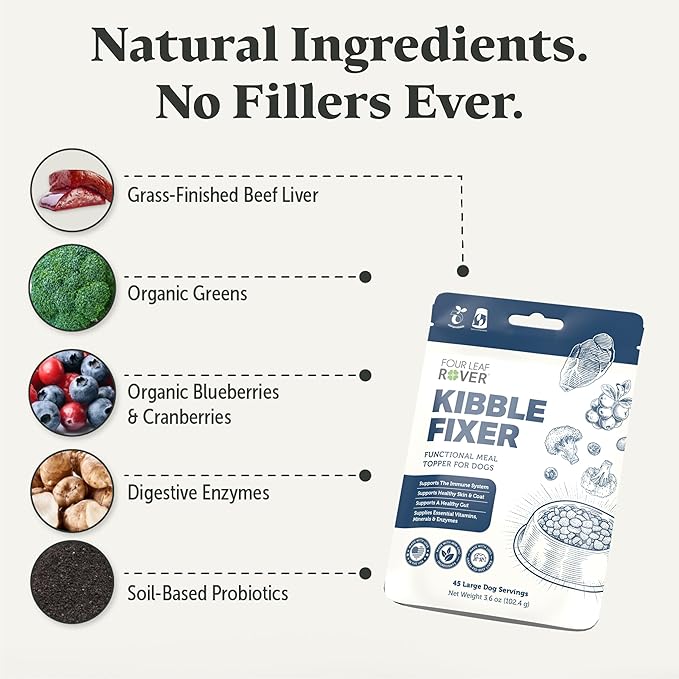 FOUR LEAF ROVER Kibble Fixer - Freeze-Dried Dog Food Topper with Dog Probiotics and Digestive Enzymes - Supports Healthy Digestion and Immune Systems