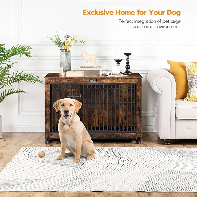 HOOBRO Dog Crate Furniture, 38.6" Large Dog Kennel Indoor, Wooden Cage with Pull-Out Tray, Double Doors Pet House Side End Table for Large/Medium/Small Dogs, Rustic Brown BF982GW03G1