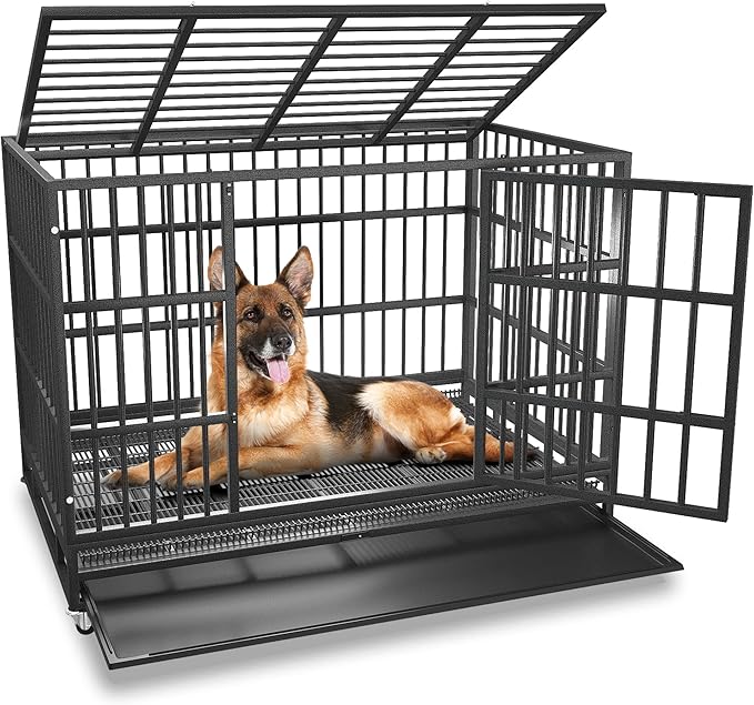BOLDBONE 48 inch Heavy Duty Indestructible and Escape-Proof Dog Crate Cage Kennel for Large Dogs, High Anxiety Dog Crate with Removable Wire Trays and Wheels, Extra Large XL XXL, Black