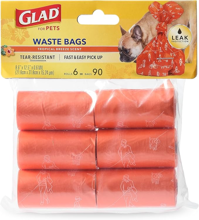 Glad for Pets Heavy Duty Dog Poop Bags, Leak Resistant Dog Waste Bags with Fun Print for Easy Cleanup on Walks, Strong Tear Resistant Pet Waste Bags, Tropical Breeze Scent, 90 Count - 6 Pack