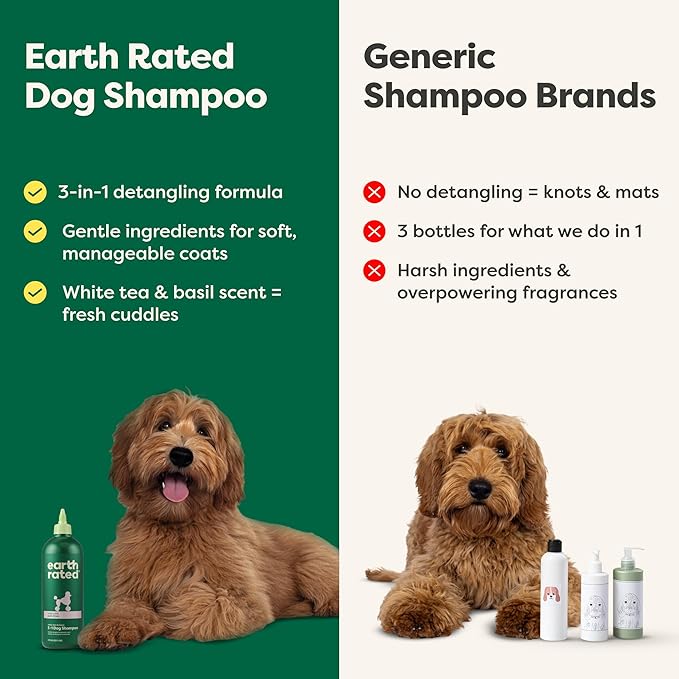 Earth Rated Dog Detangler Shampoo & Conditioner, Hypoallergenic 3-in-1 for Dogs & Puppies, Deodorizing, 98.5% Natural Origin Ingredients, for Doodles & Poodles, 16 oz