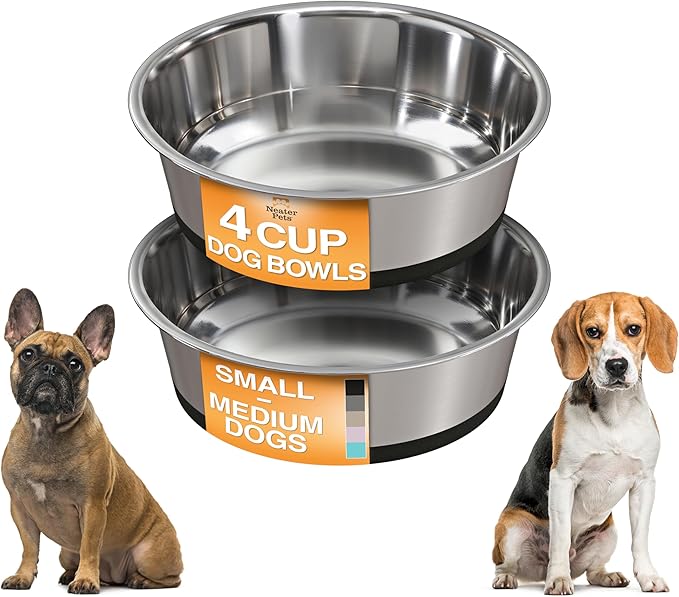Neater Pet Brands Stainless Steel Dog Bowls with Non-Slip Rubber Bottom – Set of 2, 4 Cup (32 oz), Black - Heavy Duty Metal Dog Bowl, Dishwasher Safe, Food or Water Bowl, Ideal for Medium Dogs