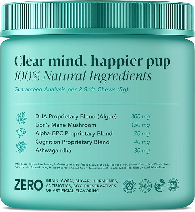My Lil’ Nugget - Vet-Approved Mood & Cognition Chews for Dogs | All-Natural Dog Mental Health Support & Improve Memory | Lion’s Mane & Ashwagandha | Helps Puppy to Senior Dogs | 90 Salmon Flavor Chews