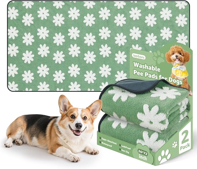 LOOBANI Washable Puppy Pads: Waterproof Reusable Pee Pads for Dogs, Non-Slip and Leak-Proof Dog Pee Mat, Absorbent Dog Training Pads for Puppy Playpen, Crate, Potty Training (36"x72", 2 Packs)