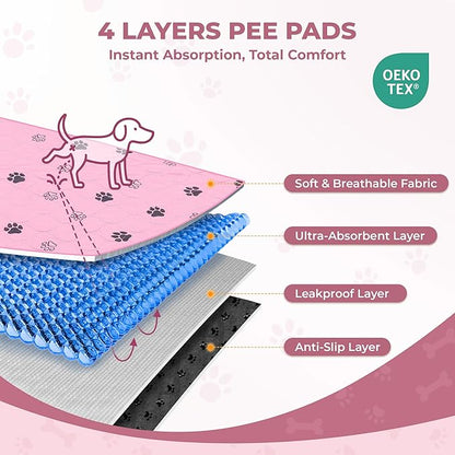 Fostanfly Washable Pee Pads for Dogs, 2 Pack Large 31"x36" Ultra-Absorbent and Leak-Proof Non-Slip Reusable Potty Training Pads for Dogs, Cats, Puppy, Potty of Add 8 Lanyards, Pink