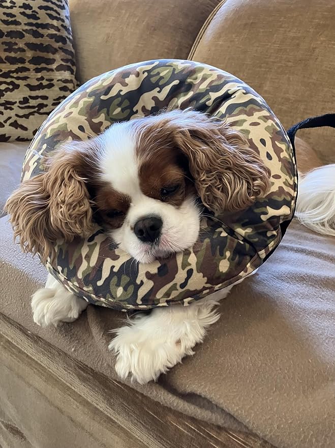Comfy-K9 Camo Cone - Inflatable Dog Cone with Soft Camouflage Design, Adjustable Blow Up Donut, Machine Washable, Large Size Collar for Comfortable & Stylish Pet Recovery