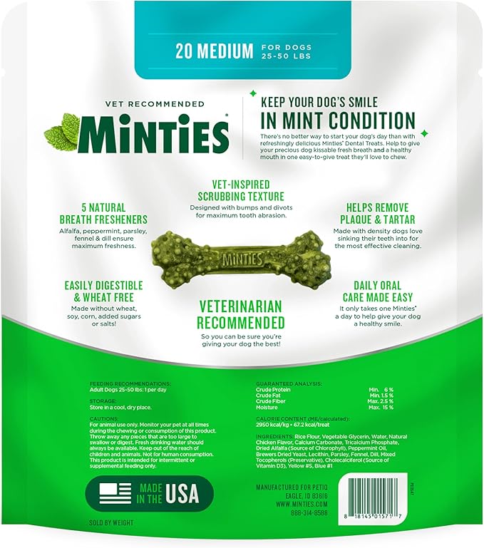 Minties Dental Chews for Dogs, 20 Count, Vet-Recommended Mint-Flavored Dental Dog Treats for Medium Sizes 25-50 lbs, Bones Clean Teeth, Fight Bad Breath, and Removes Plaque and Tartar