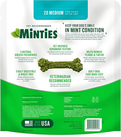 Minties Dental Chews for Dogs, 20 Count, Vet-Recommended Mint-Flavored Dental Dog Treats for Medium Sizes 25-50 lbs, Bones Clean Teeth, Fight Bad Breath, and Removes Plaque and Tartar