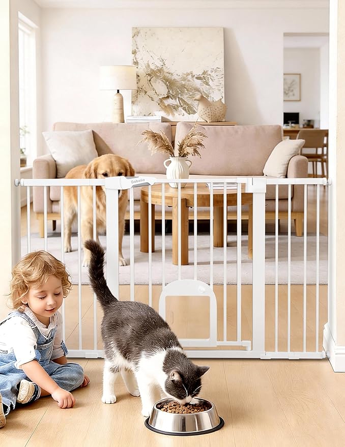 Babelio Baby Gate with Cat Door, CatPrivilege Ⅲ, Extra Wide 29-55" Cat Gate, 30" Tall Pressure Mounted Safety Gate for Large Openings, Stairs & Doorways, Auto Close, White