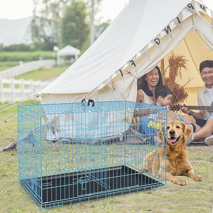 Dopinmin 48 Inch Heavy Duty Dog Crate Double Door Folding Metal Dog Cage Dog Crates for Large Dogs Outdoor Indoor Includes Divider Panel and Leak-Proof Tray,Blue