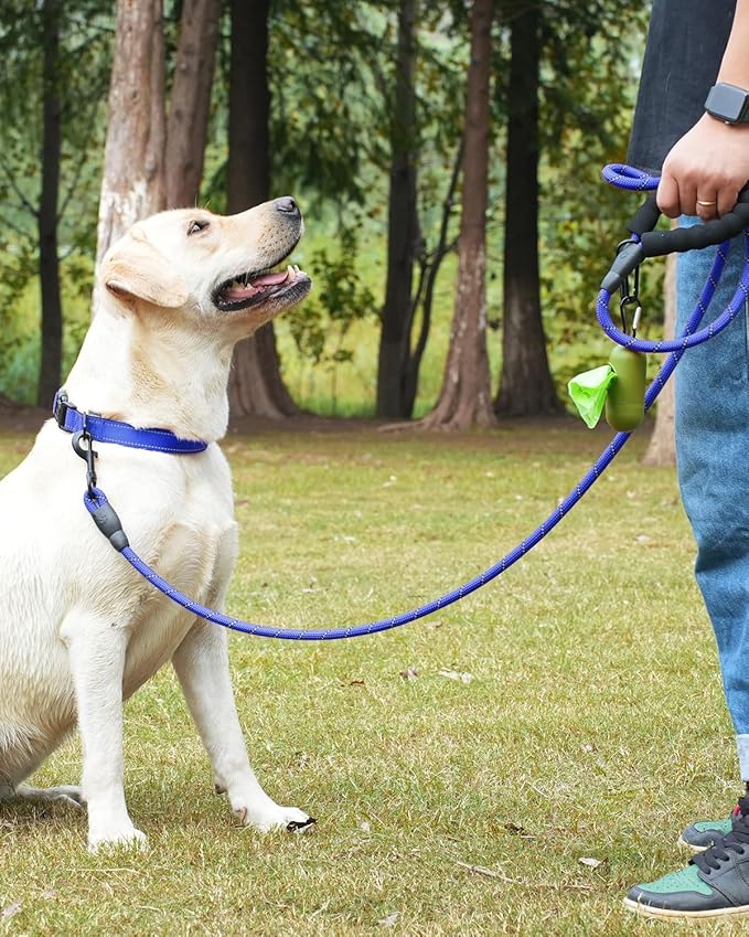 Dynmeow Reflective Dog Collar and Leash Set, 6FT Strong Climbing Rope Leash with Padded Handle, Adjustable Pet Collar with Soft Neoprene Padding for Medium Large Dogs, Navy-Blue, M