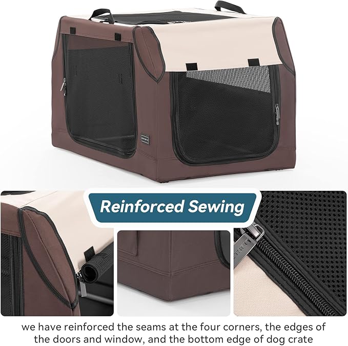 PETSFIT Soft Dog Crate, Travel Dog Crate - 24 Inch Sturdy Adjustable Structure, Easy to Set Up, Portable Dog Car Crate, Light Tough with 3 Mesh Doors Brown
