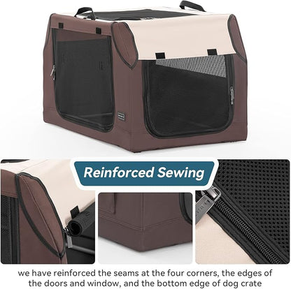 PETSFIT Soft Dog Crate, Travel Dog Crate - 24 Inch Sturdy Adjustable Structure, Easy to Set Up, Portable Dog Car Crate, Light Tough with 3 Mesh Doors Brown