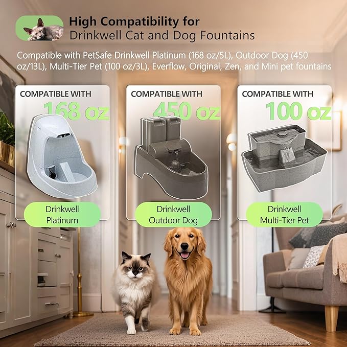 Cat Water Fountain Replacement Carbon Filters Compatible with PetSafe Drinkwell Platinum Pet Fountain, Premium Pet Water Fountain Filter (BLACK, 12 PACK)