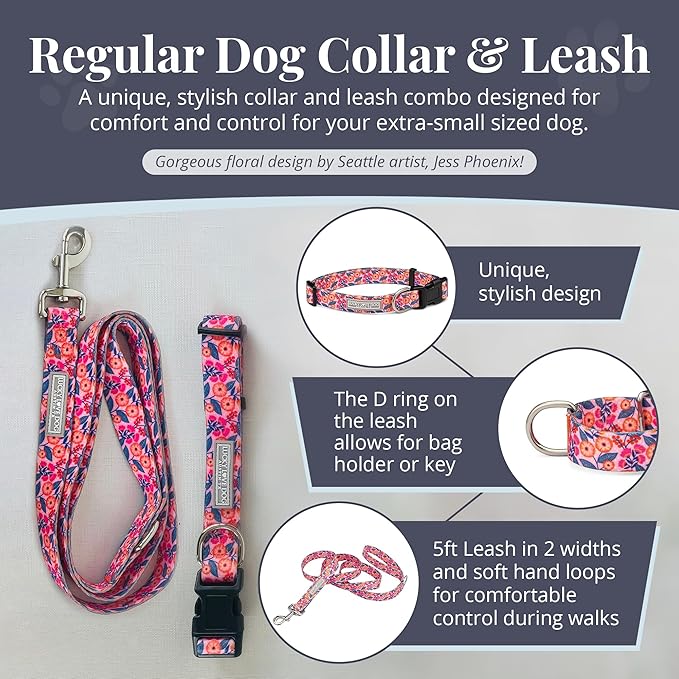 Lucky Love Dog - Easy Click Buckle Dog Collar with Leash Set Combo, Durable & Comfortable for Male & Female Dogs, Pet Collar for Small Dogs, Secure Fit - Floral Rosie Combo, X-Small
