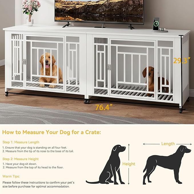 DWVO Double Dog Crate Furniture for 2 Large Medium Dogs, 76 Inch Heavy Duty Dog Kennel Indoor TV Stand with Wheels, Decorative Wooden Dogs Cage Table with Removable Tray, Chew-Resistant, White