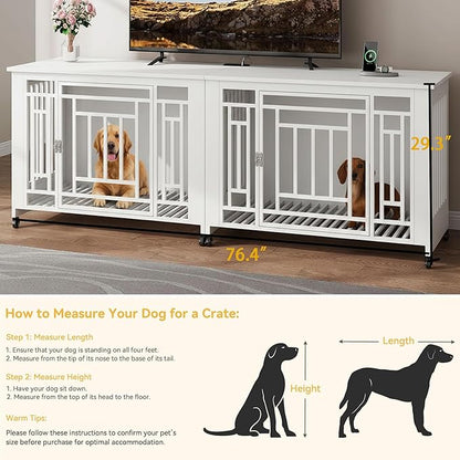 DWVO Double Dog Crate Furniture for 2 Large Medium Dogs, 76 Inch Heavy Duty Dog Kennel Indoor TV Stand with Wheels, Decorative Wooden Dogs Cage Table with Removable Tray, Chew-Resistant, White