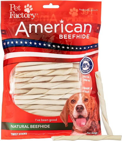 Pet Factory American Beefhide 5in Twist Sticks Dog Dental Chews - Natural Rawhide Dental Chews for Small to Medium Dogs, Promotes Oral Health - Natural, 5 Inches (1 lb Pack)